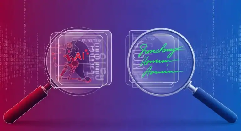 AI vs. Signature Verification: Binary code, magnifiers over AI model and handwritten signature.